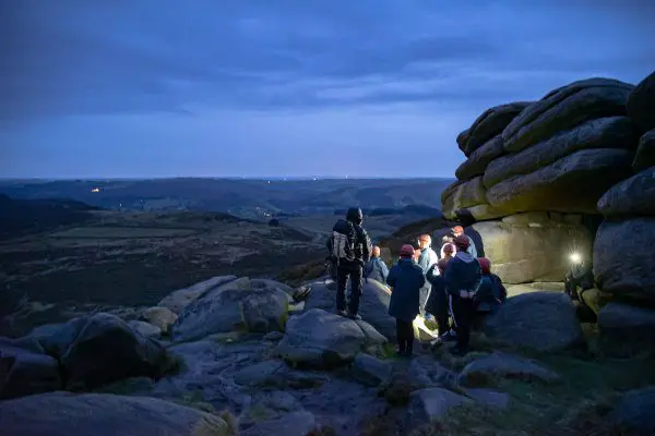 Group of children out on a hill at night