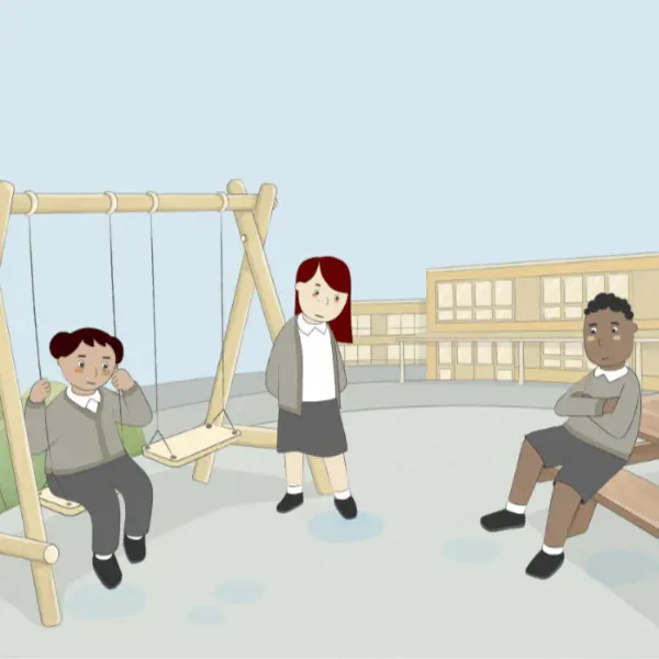 Illustration of three children looking sad outside a school